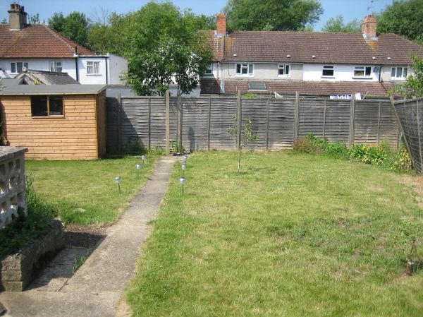 A plain patch of grass by a fence